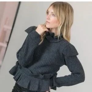 Ganni‎ Phantom Charcoal romantic Gray Ruffle Open Back Wool Sweater S